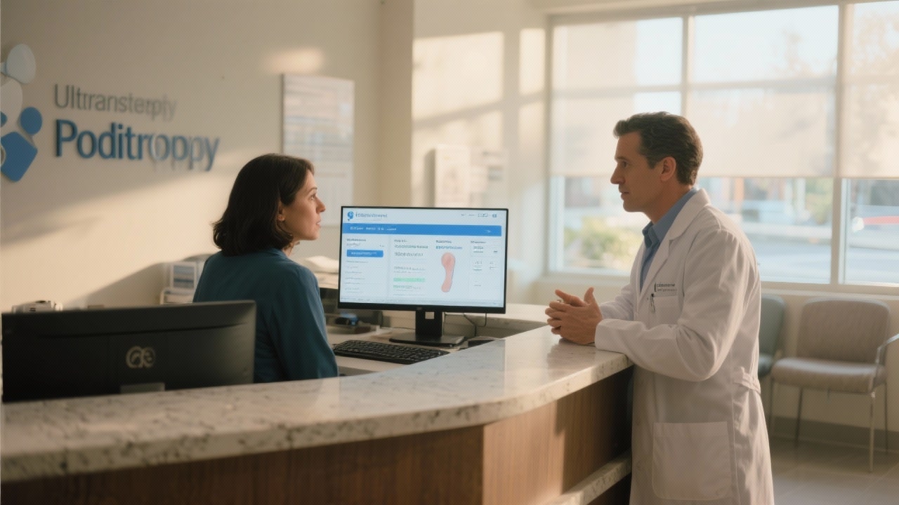Modern clinic team reviewing Podiatry Billing dashboard at front desk.