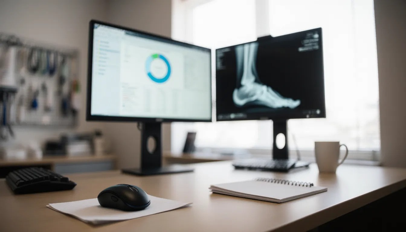 Modern office showing Podiatry Billing dashboard on dual monitors.