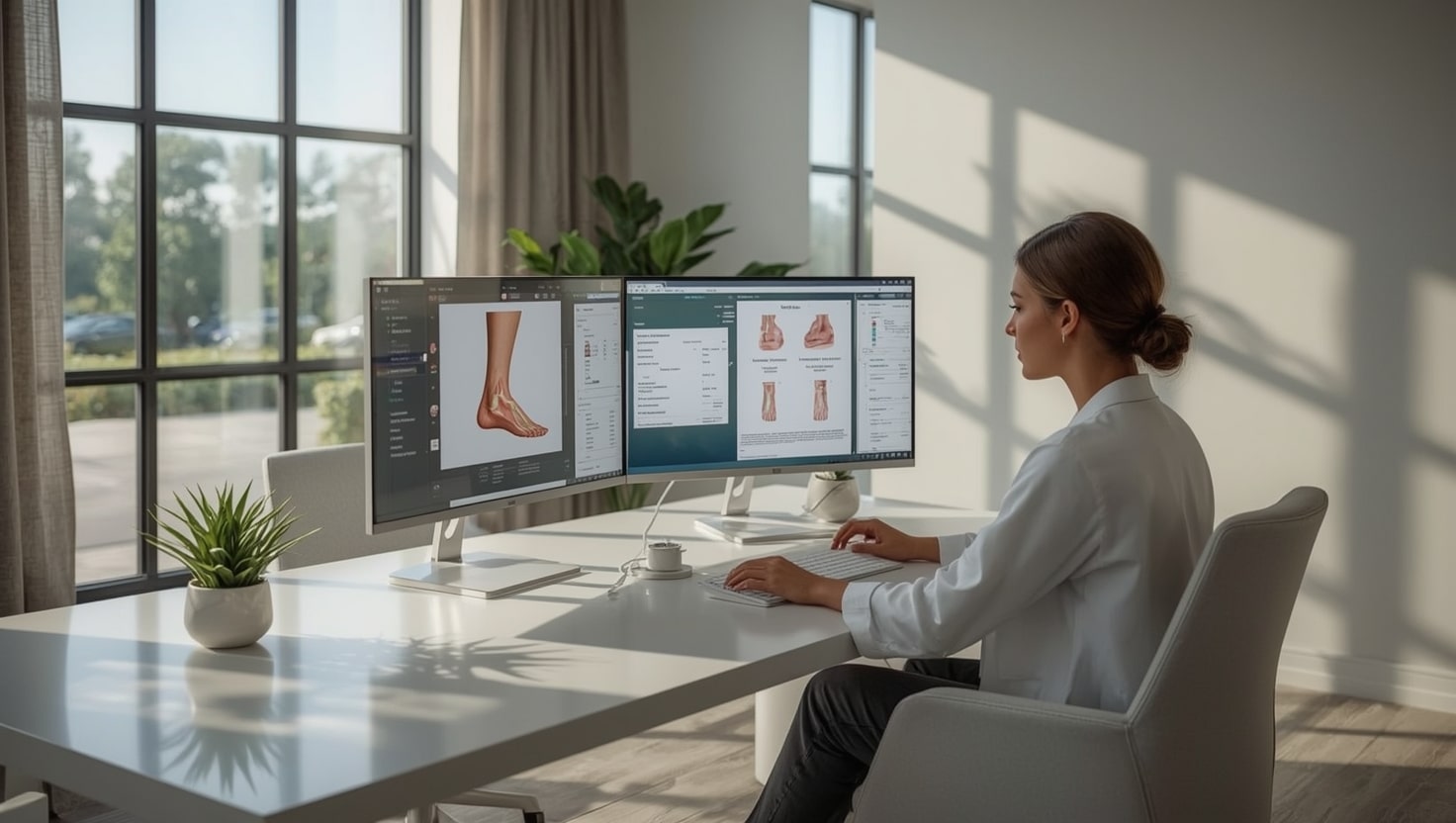 Front office specialist reviews claims for Podiatry Billing on dual monitors in a bright clinic.