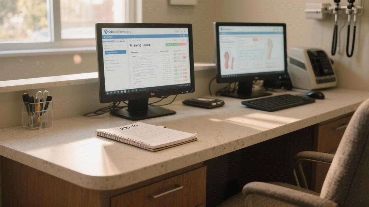 Modern clinic desk showing Podiatry Billing dashboard and claim forms.