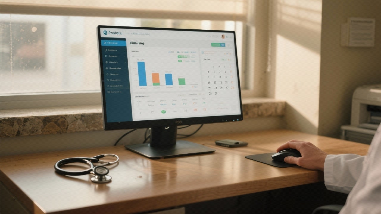 Podiatry Billing audit dashboard with KPIs and a 30-day calendar on a clinic computer.