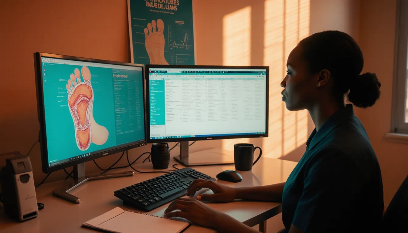 Modern clinic desk with EHR and reports for Podiatry Billing, coder reviewing claims.