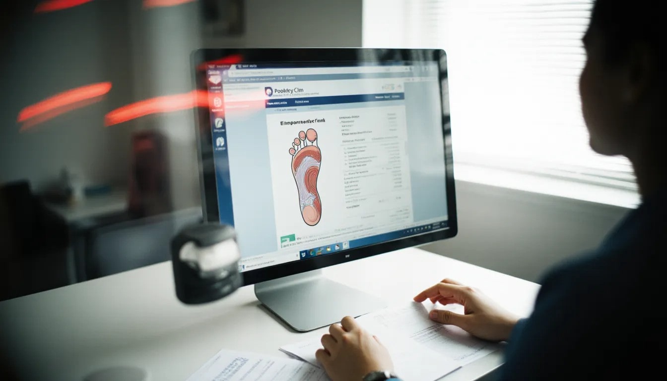 Staff preparing a podiatry billing claim at a modern clinic desk