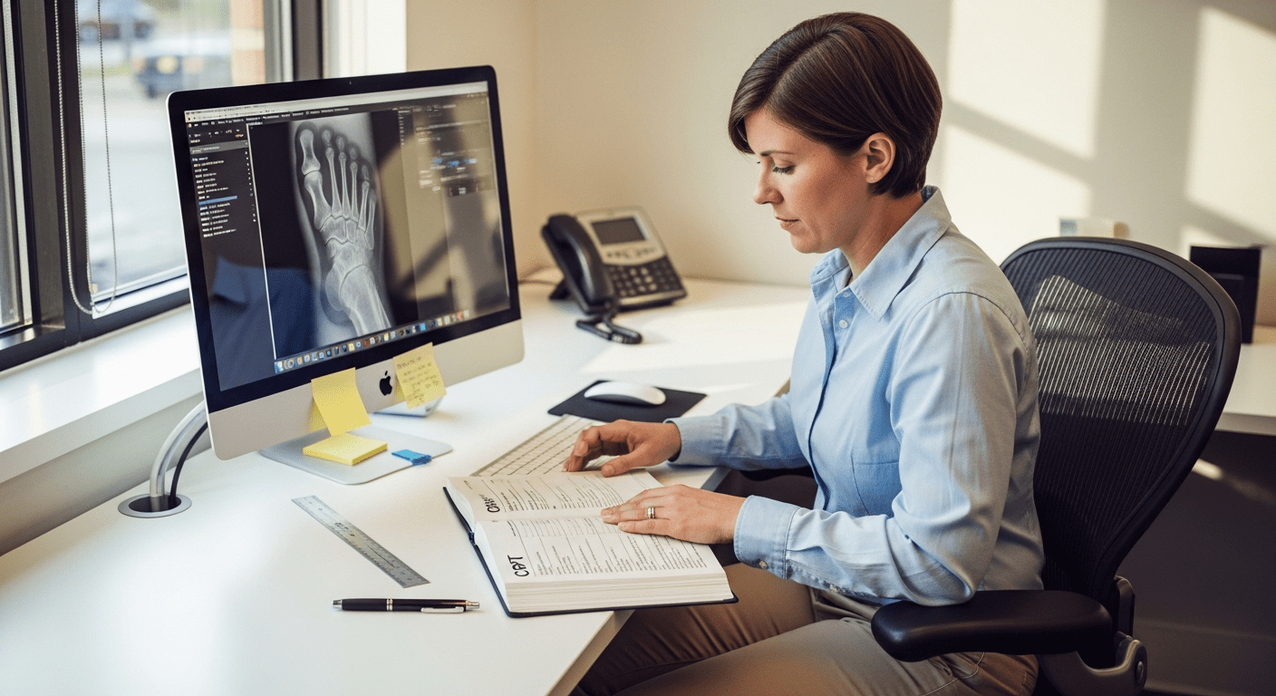 Modern desk scene illustrating Podiatry Billing with CPT codes and a foot X-ray.